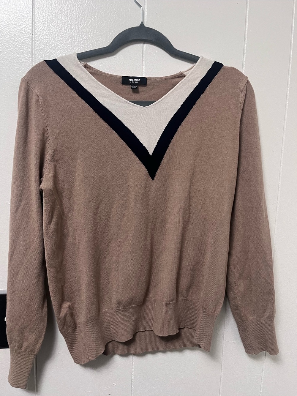 Premise Men’s Taupe V-Neck Sweater with Black and White Trim